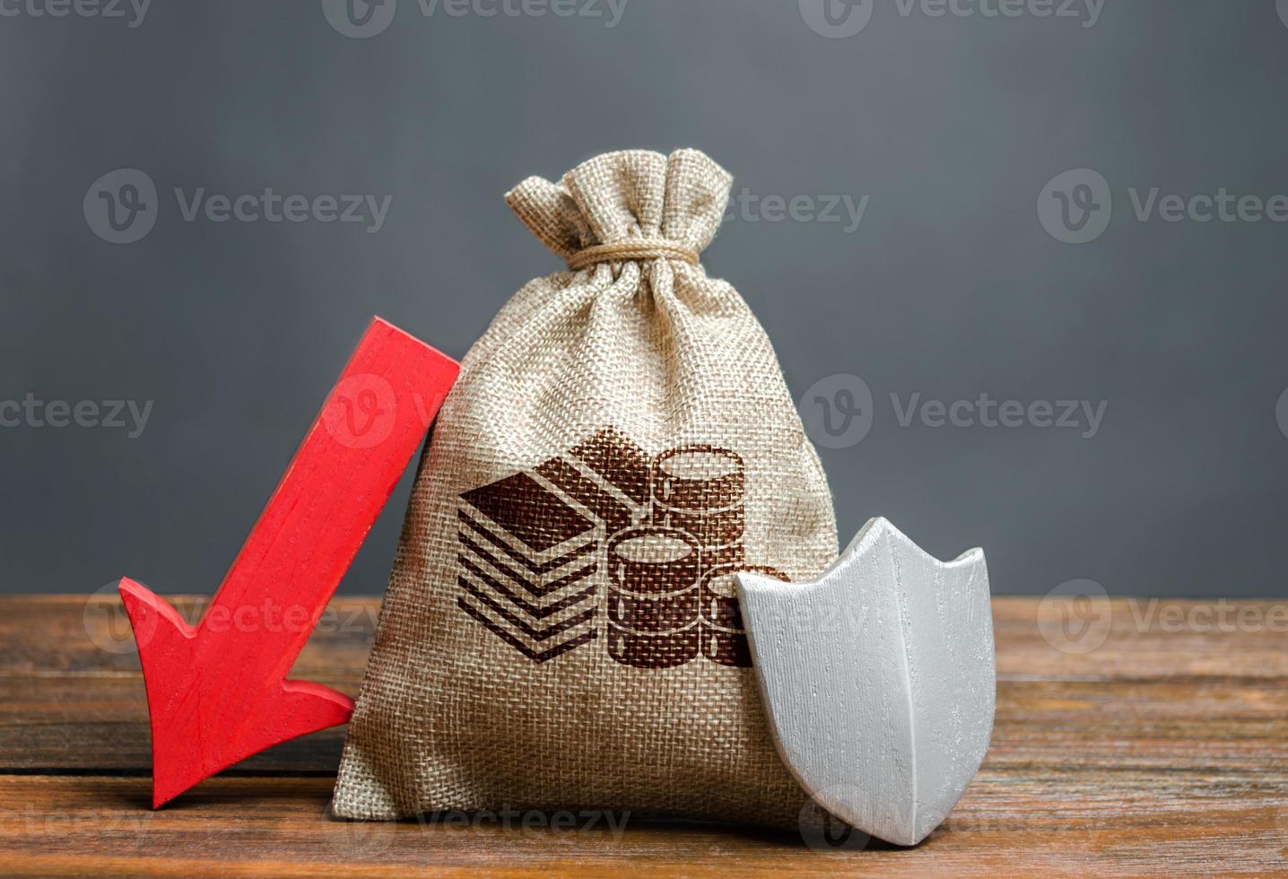 Bag with money symbol, shield and red arrow down. Falling liquidity deposits, the likelihood of losing savings. Guaranteed protection of personal savings and investments. Protecting business capital photo