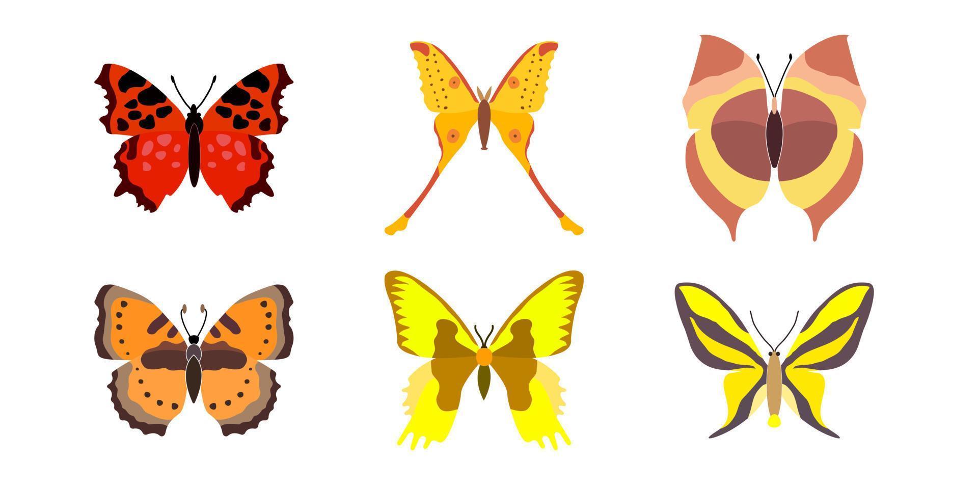 conjunto, colección de mariposas sobre un fondo blanco. conjunto de iconos de dibujos animados aislados, insecto decorativo. vector