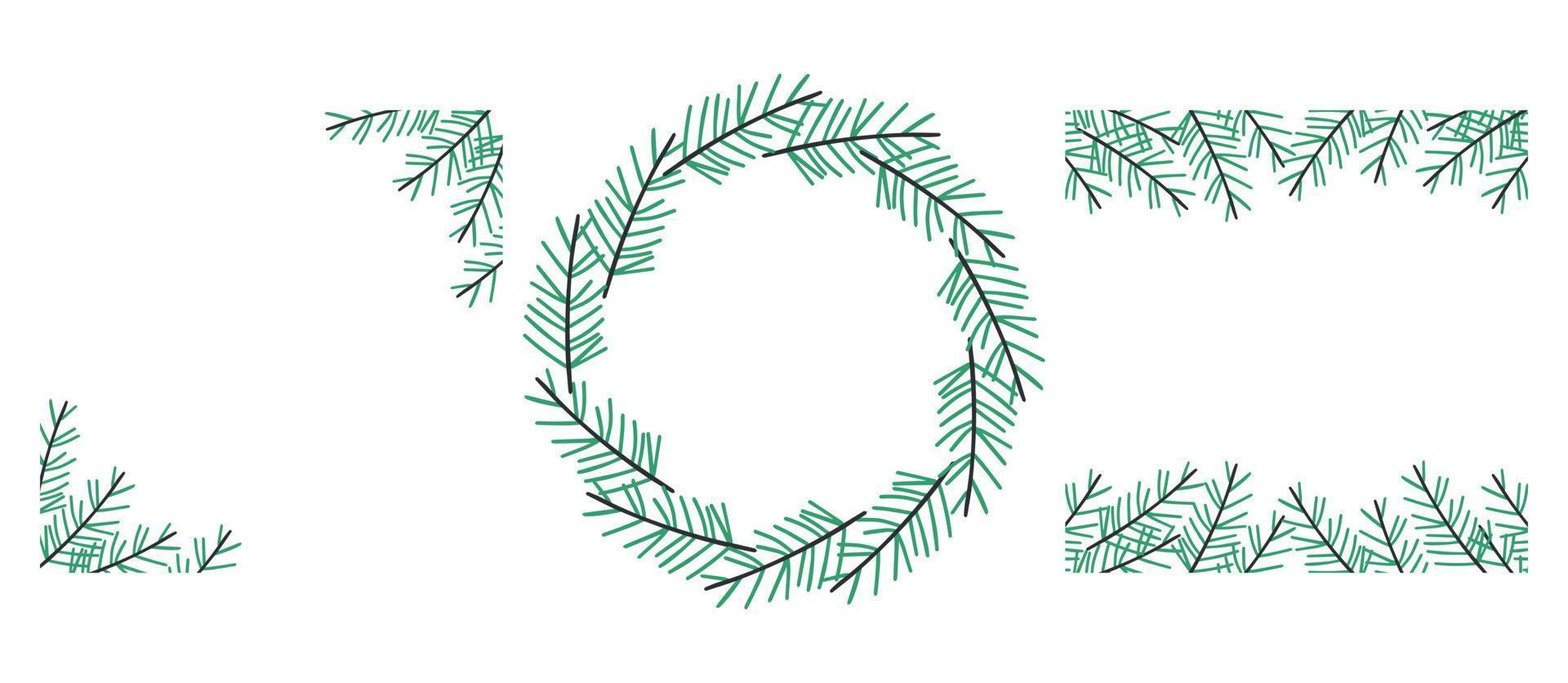 Winter fir branches frames collection. Winter wreath illustration with green fir branches on white background. vector