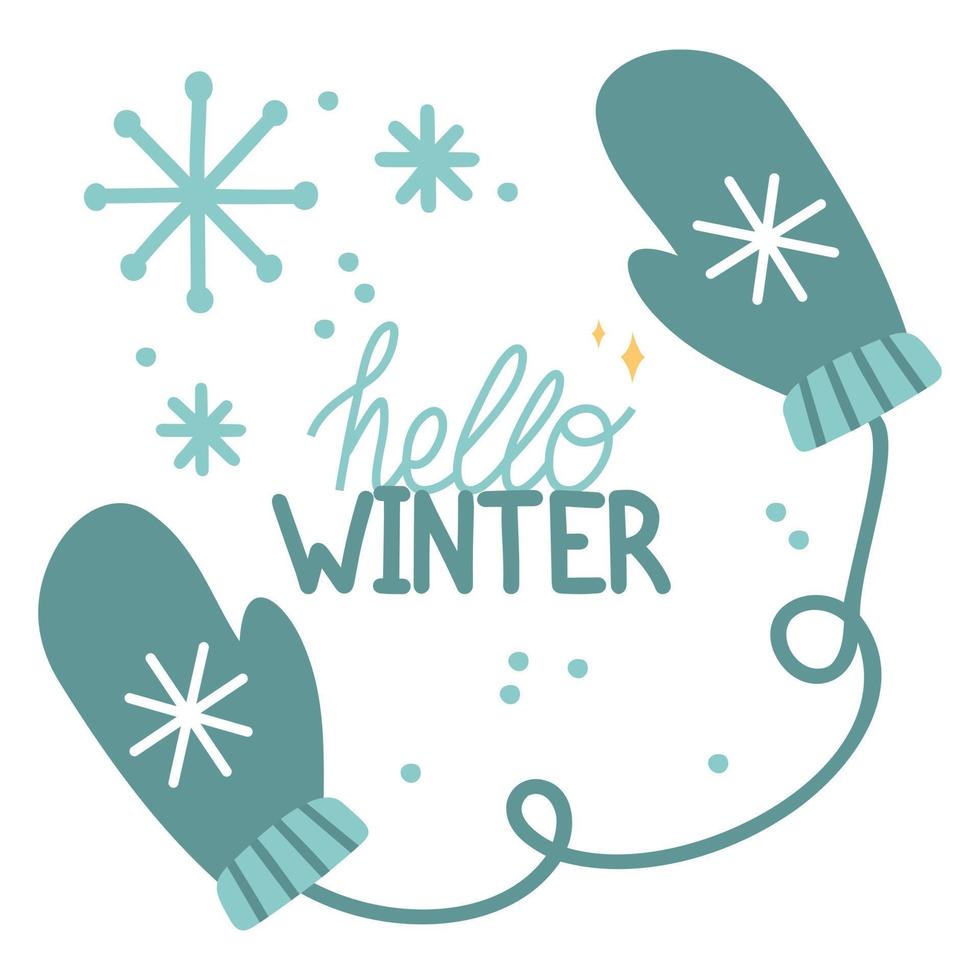 Hello winter. Illustration with lettering. Drawing mittens and snowflakes.Vector freehand illustration vector