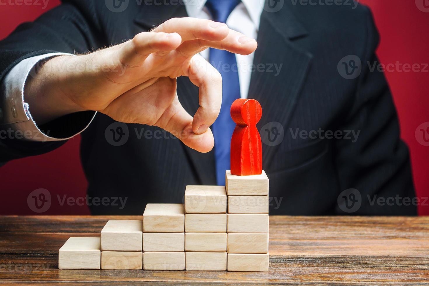 A man wants to fire an employee. Ruin a career. Head Offset. Capture control of business. Remove disloyal and toxic worker. Violation of rights and labor code. Abuse of power, political repression. photo
