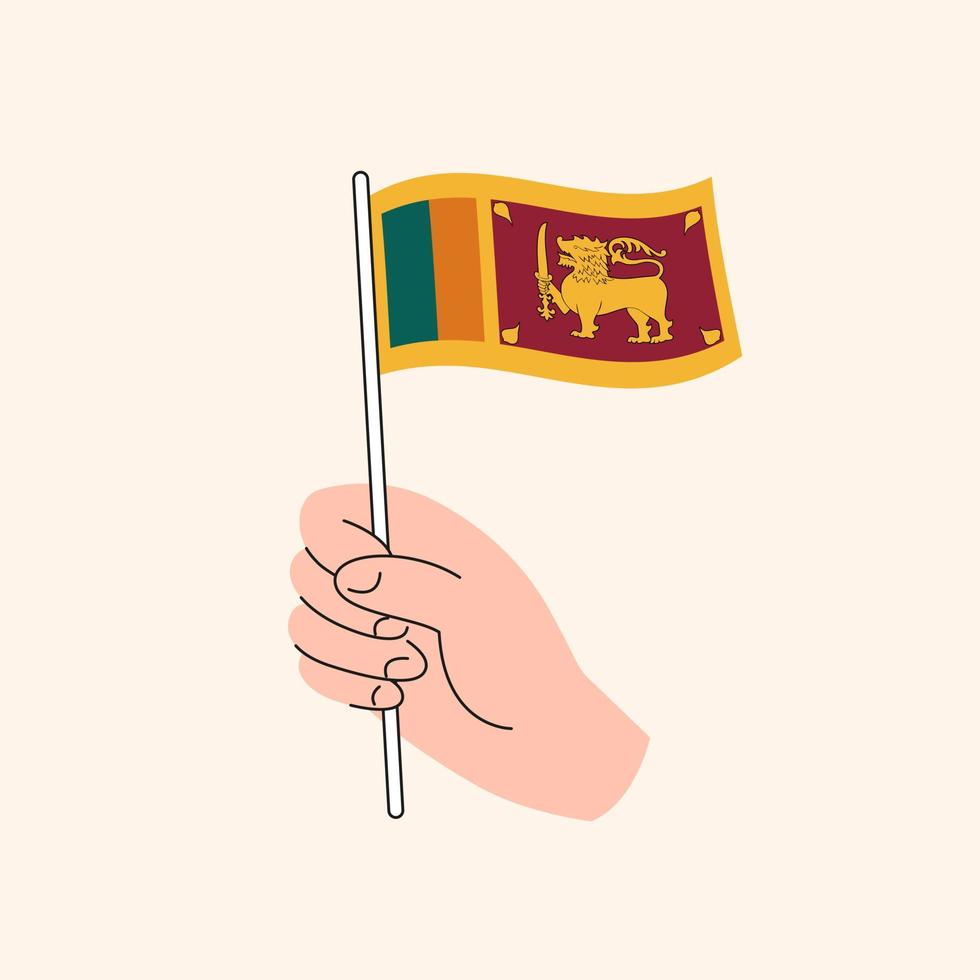 mano de dibujos animados sosteniendo la bandera de sri lanka, dibujo simple. bandera de sri lanka, ceilán, ilustración conceptual, vector aislado de diseño plano.