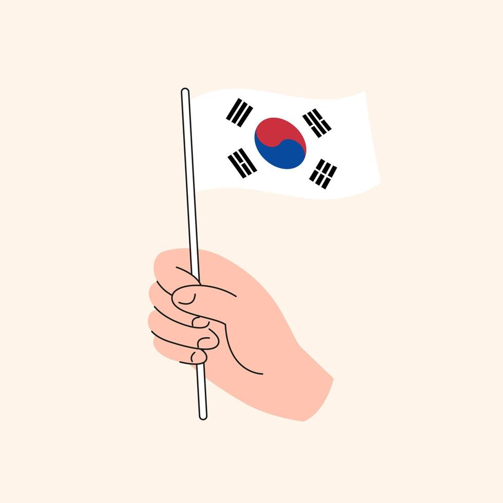 mano de dibujos animados sosteniendo la bandera de corea del sur, dibujo simple. bandera de corea del sur, ilustración conceptual, vector aislado de diseño plano.
