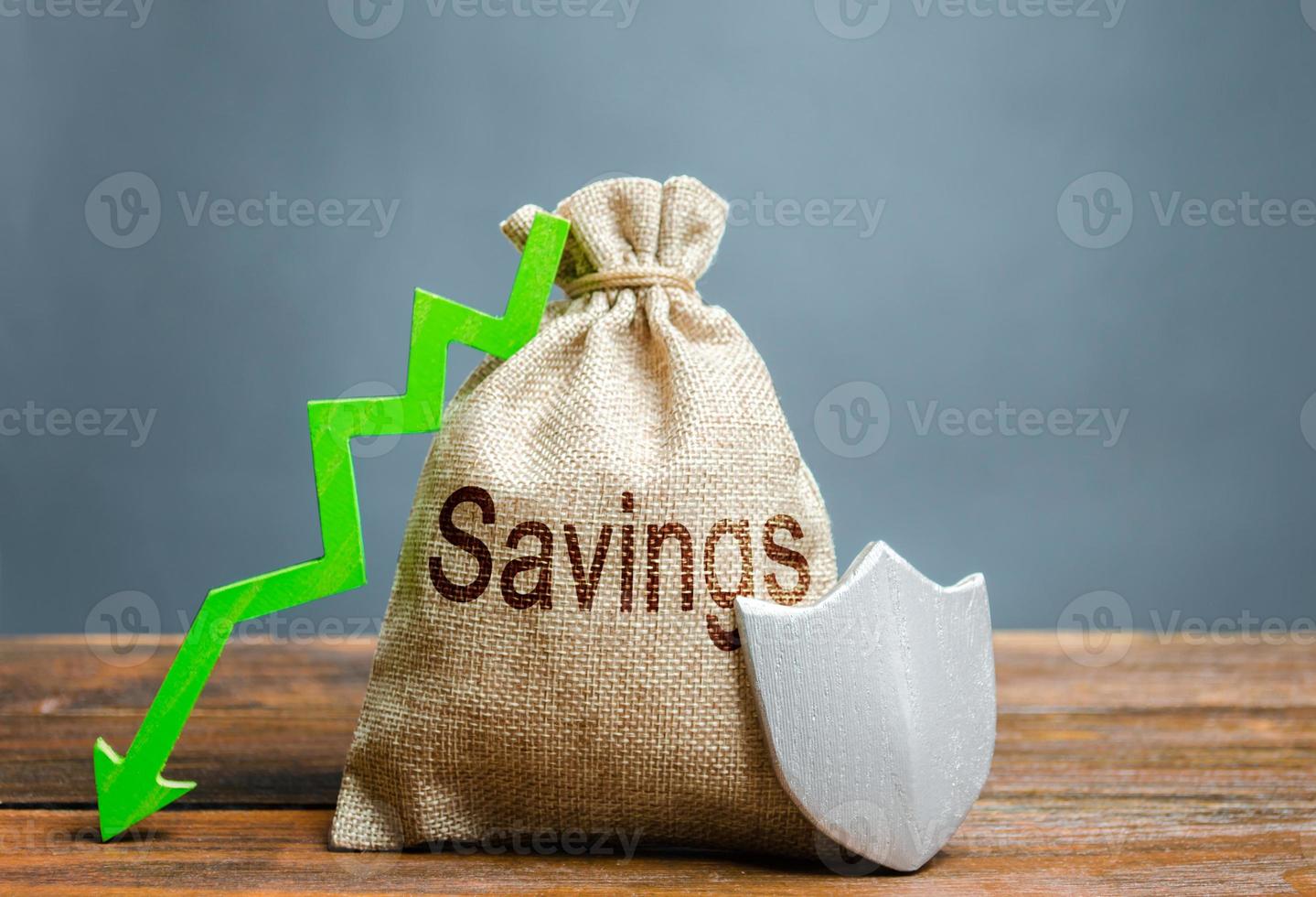 Bag with the inscription savings, shield and green down arrow. Guaranteed protection of personal savings, investments. Protection of business and capital, respect for private property. Reduced risk photo