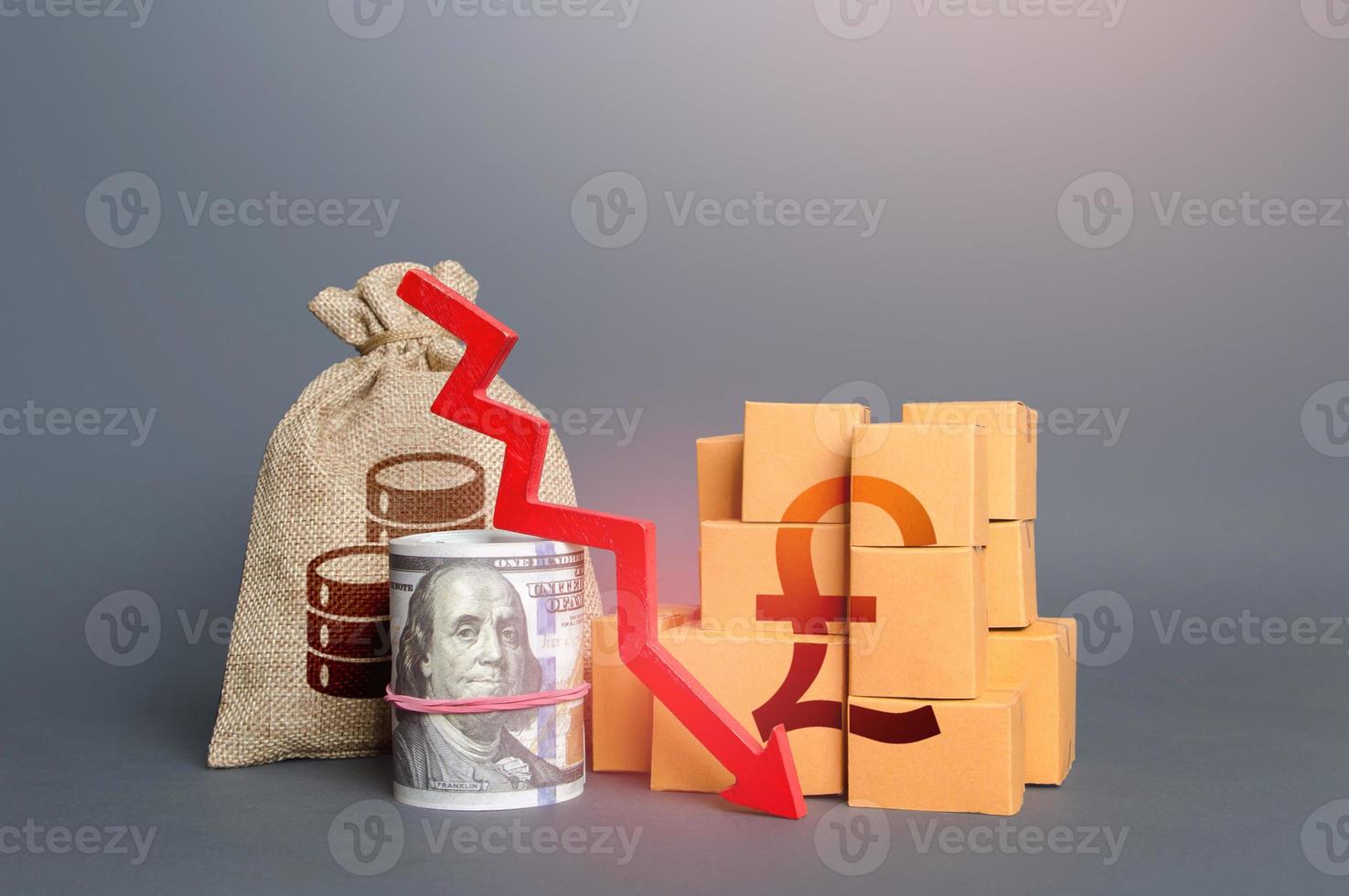 British pound sterling money with goods and an arrow down. Reduction in consumption, trade imbalance. Low sales. Production decline. Import export. Taxes. National economy fall. Falling profits. photo