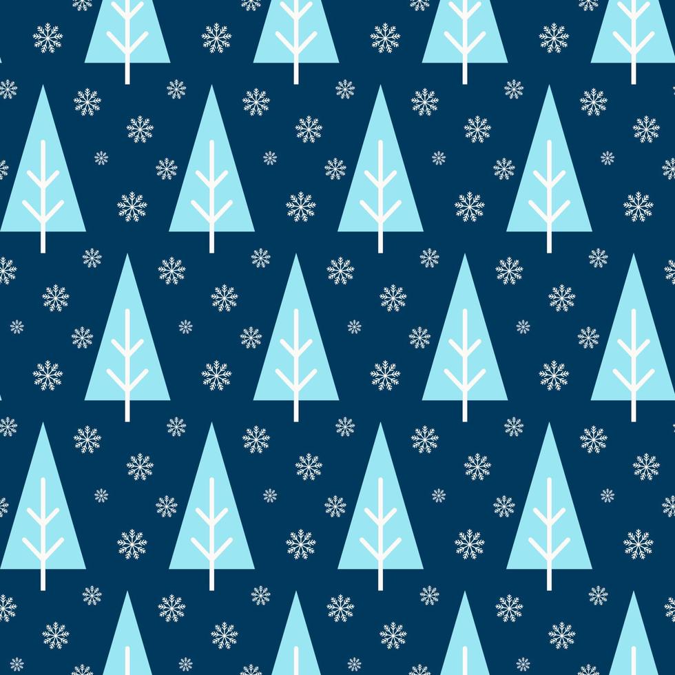 Seamless pattern of winter forest with trees and snowflakes. Isolated blue background. Design for fabric, wrapping paper, wallpaper, scrapbook. Celebration of New Year, Christmas or Winter holidays. vector