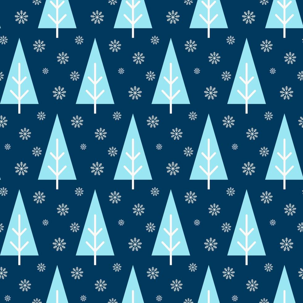 Seamless pattern of winter forest with trees and snowflakes. Isolated blue background. Design for fabric, wrapping paper, wallpaper, scrapbook. Celebration of New Year, Christmas or Winter holidays. vector