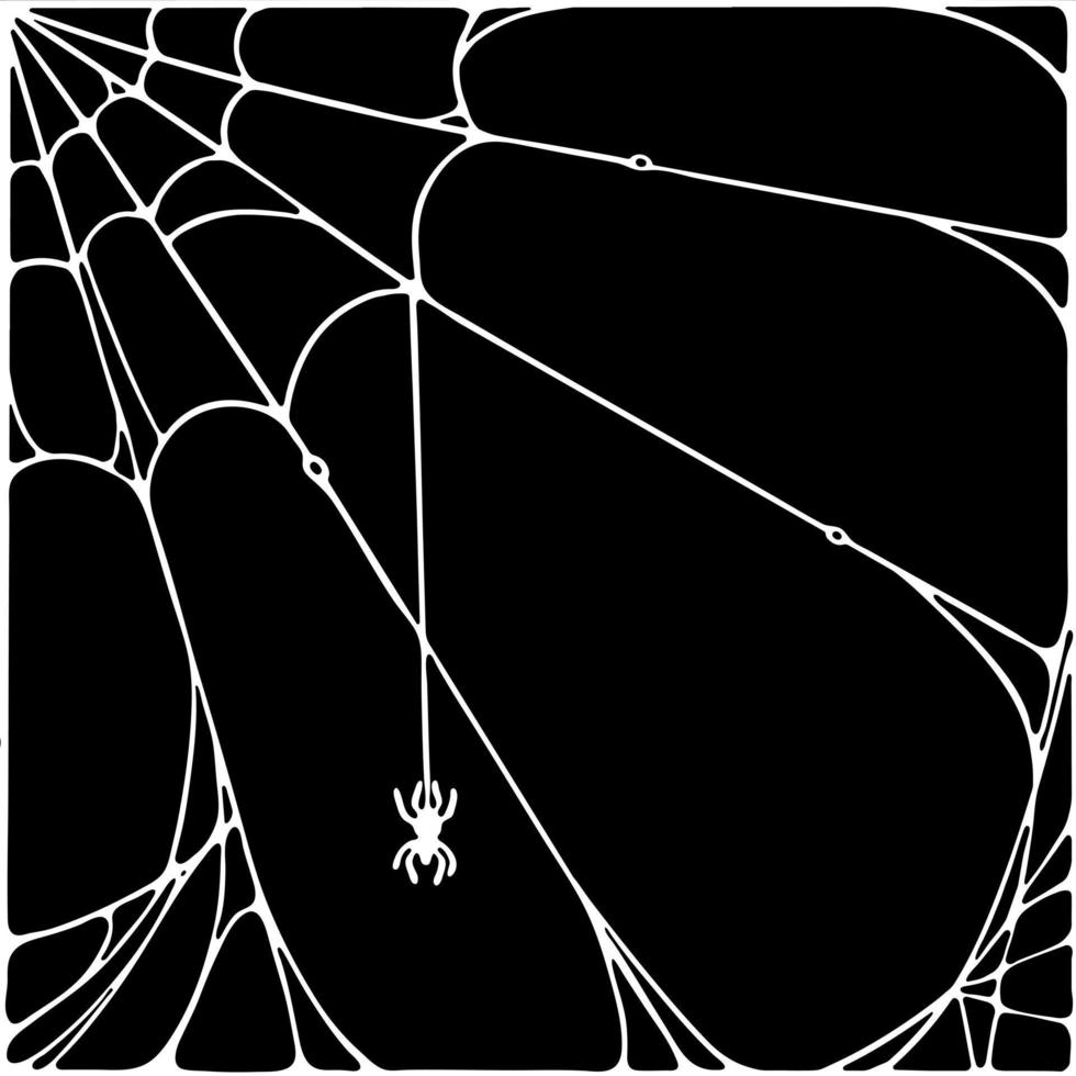 Spiderweb with spider doodle outline Vector Illustration white on black background. Halloween design