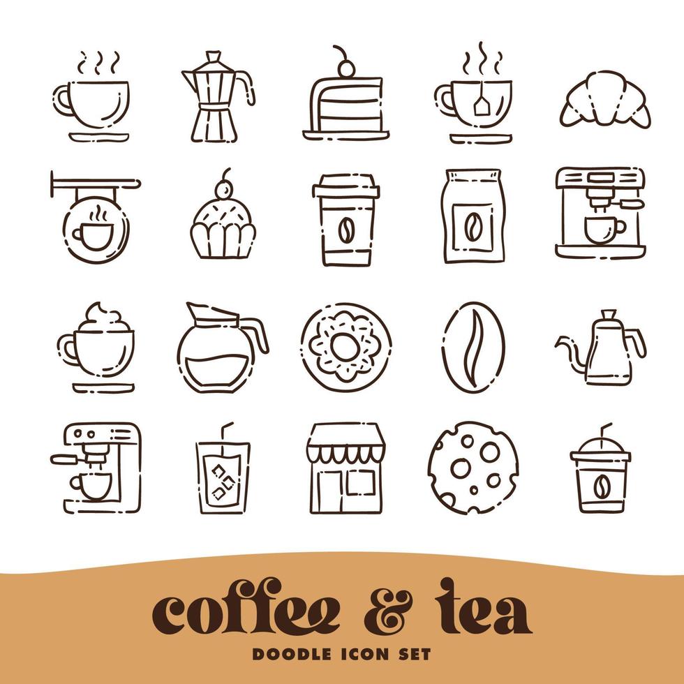 cafetería y tienda de té, iconos de garabatos. vector