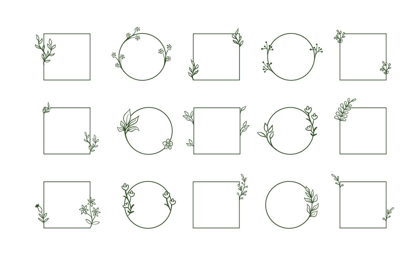 marcos florales geométricos, bordes, coronas, ilustraciones dibujadas a mano. dibujo de línea de moda, estilo de arte de línea con ramas y adornos naturales. vector