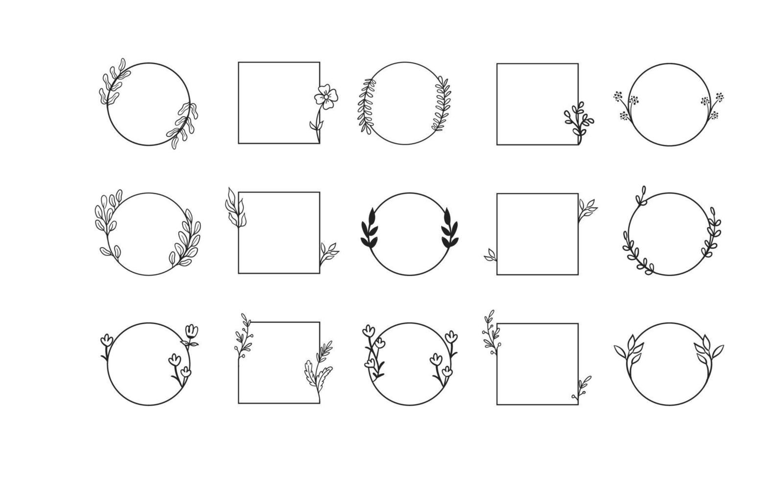 Geometric floral frames, borders, wreaths, hand drawn illustrations. Trendy Line drawing, line art style with branches and nature ornaments. vector