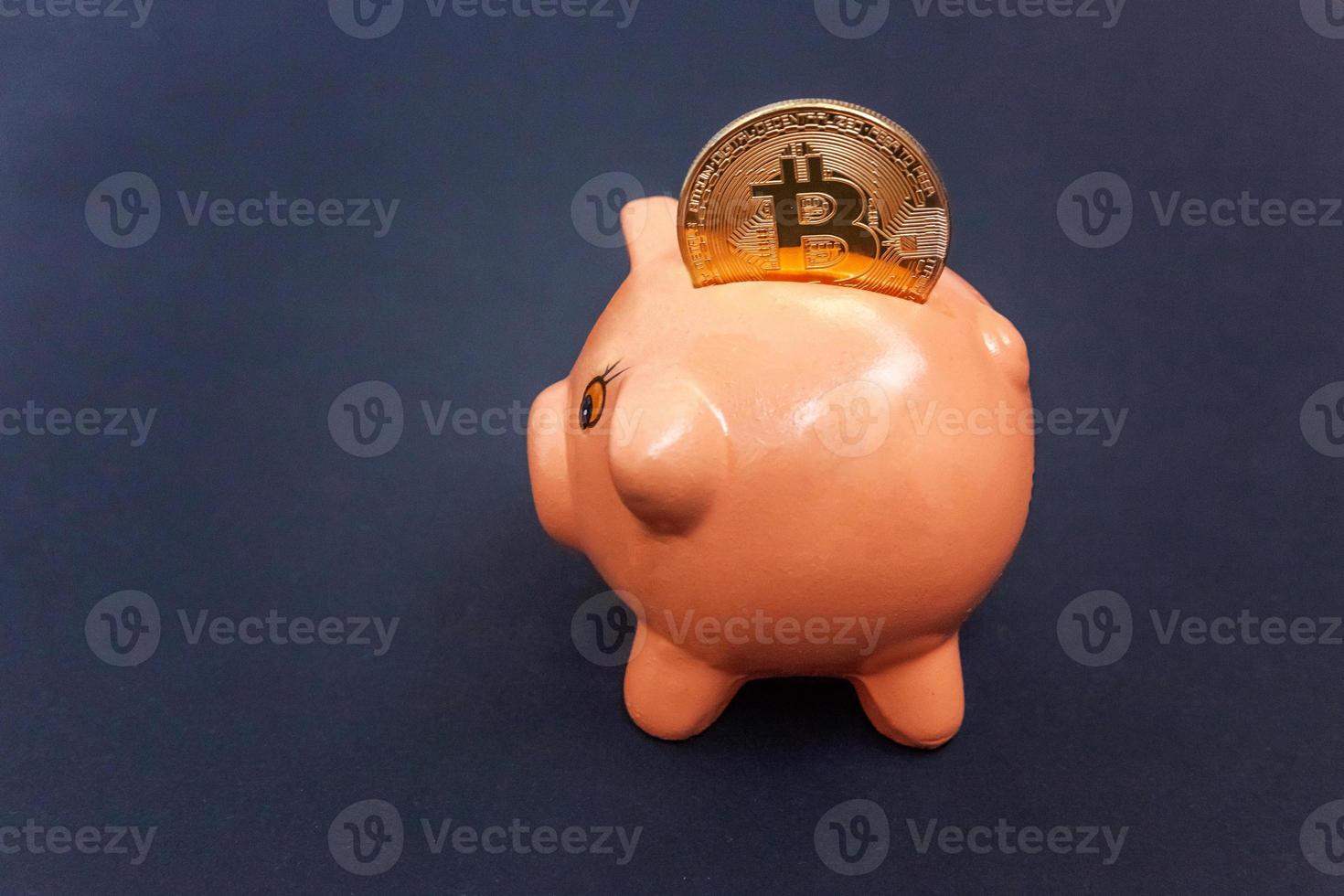 Piggy bank and golden bitcoin coin virtual money on black background. Cryptocurrency and saving concept. Electronic virtual money for web banking and international network payment photo