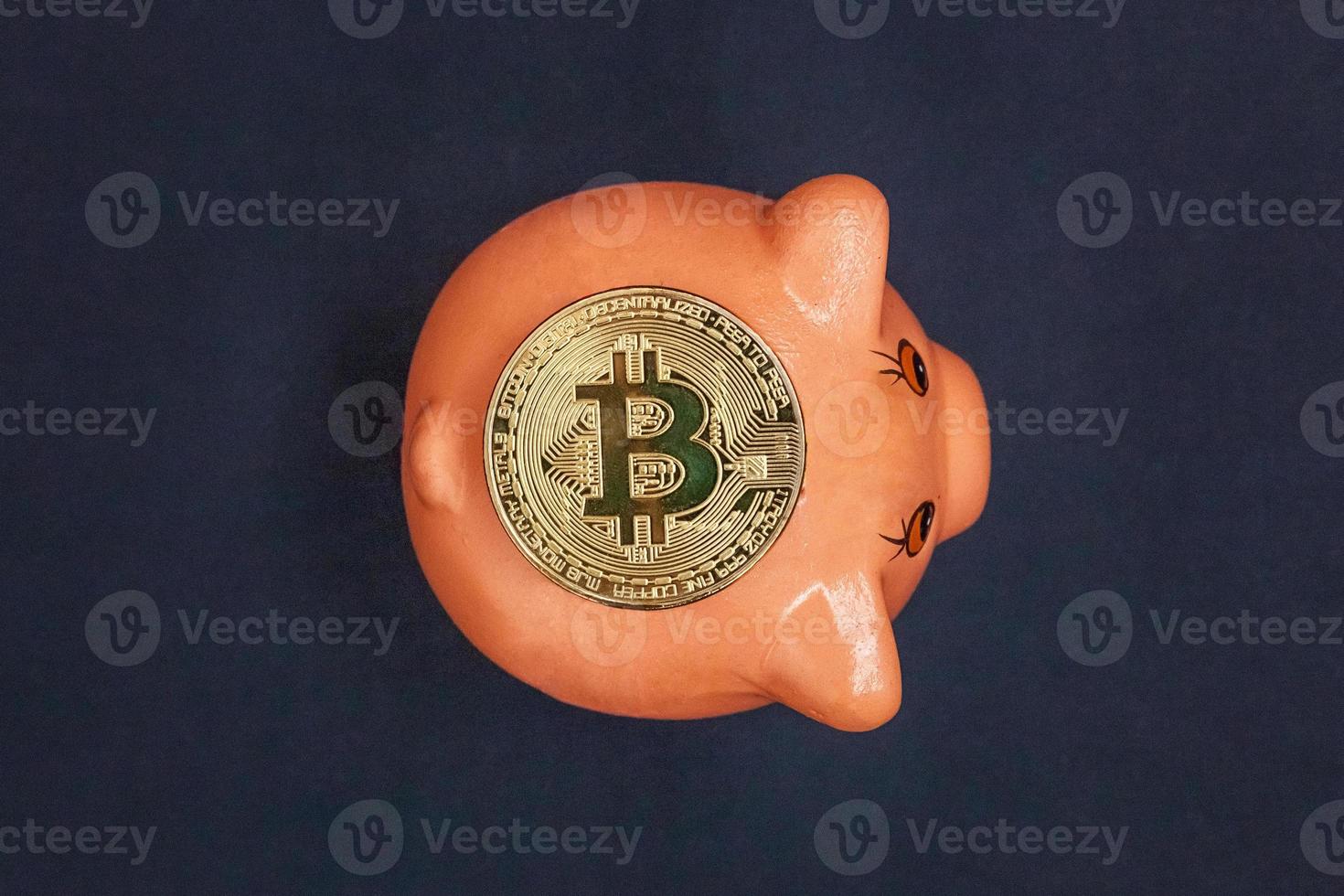 Piggy bank and golden bitcoin coin virtual money on black background. Cryptocurrency and saving concept. Electronic virtual money for web banking and international network payment photo