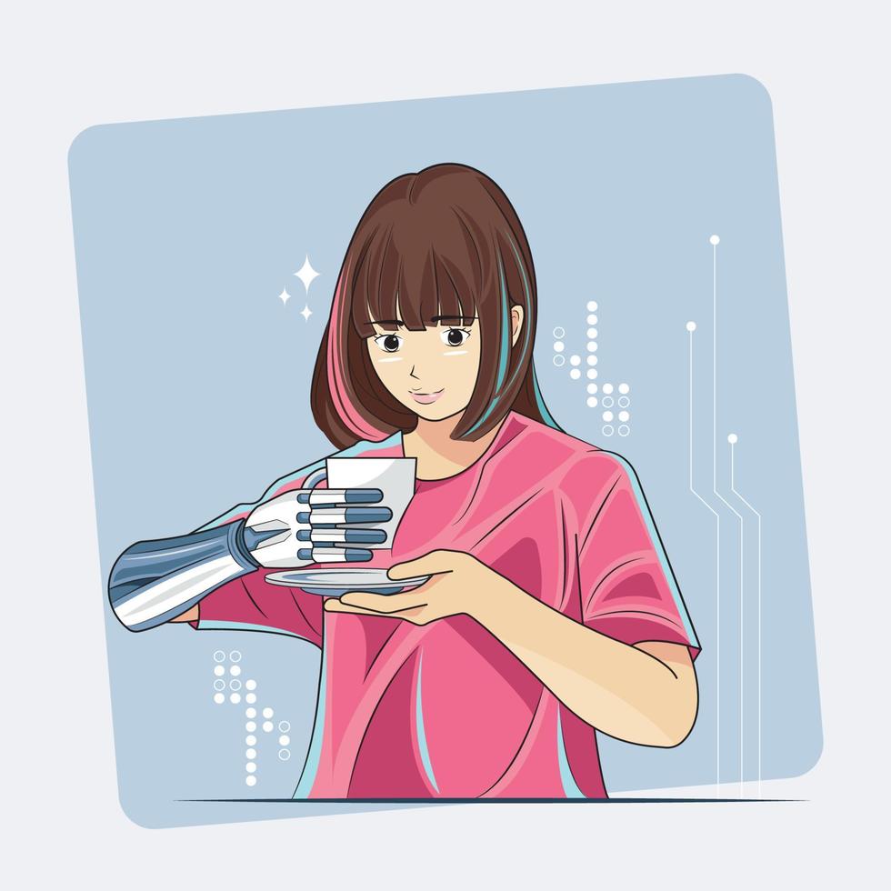 concepto ultramoderno. chica joven confiada sosteniendo una taza con un brazo protésico biónico ilustración vectorial descarga profesional vector