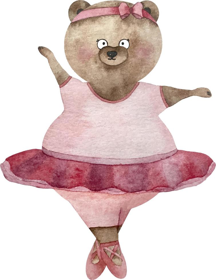 Watercolor bear dancer in ballet pink clothes. Funny bear girl i vector