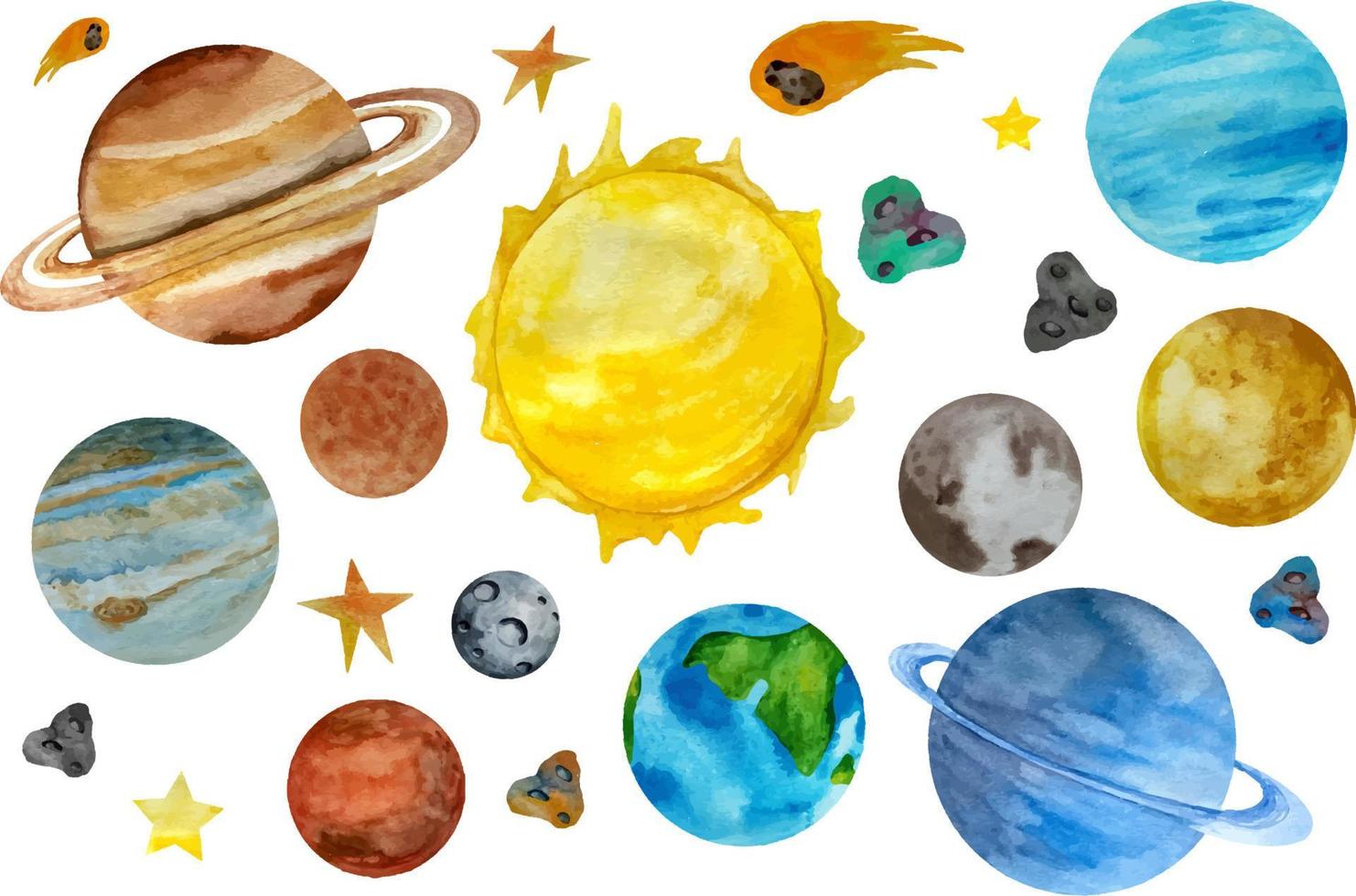 Watercolor Space Clipart, Solar System Planets, Space Earth Moon Jupiter Pluto. Watercolor set of Universe. vector