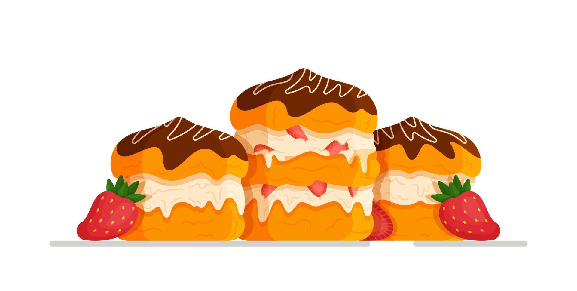 concepto de profiteroles de fresa y chocolate. ilustración vectorial de un postre francés tradicional. pasteles apetitosos para el té. vector