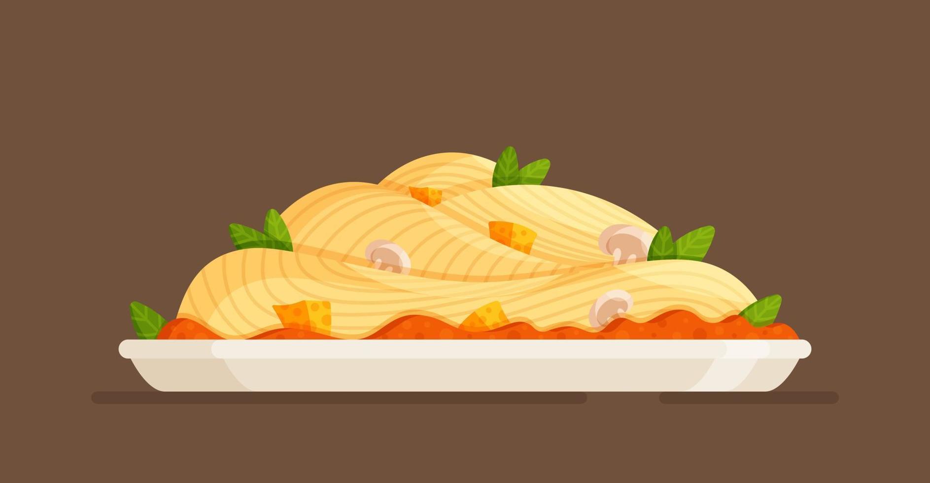 National, traditional dish of Italy. Vector illustration of a large plate of delicious pasta. hot lunch.