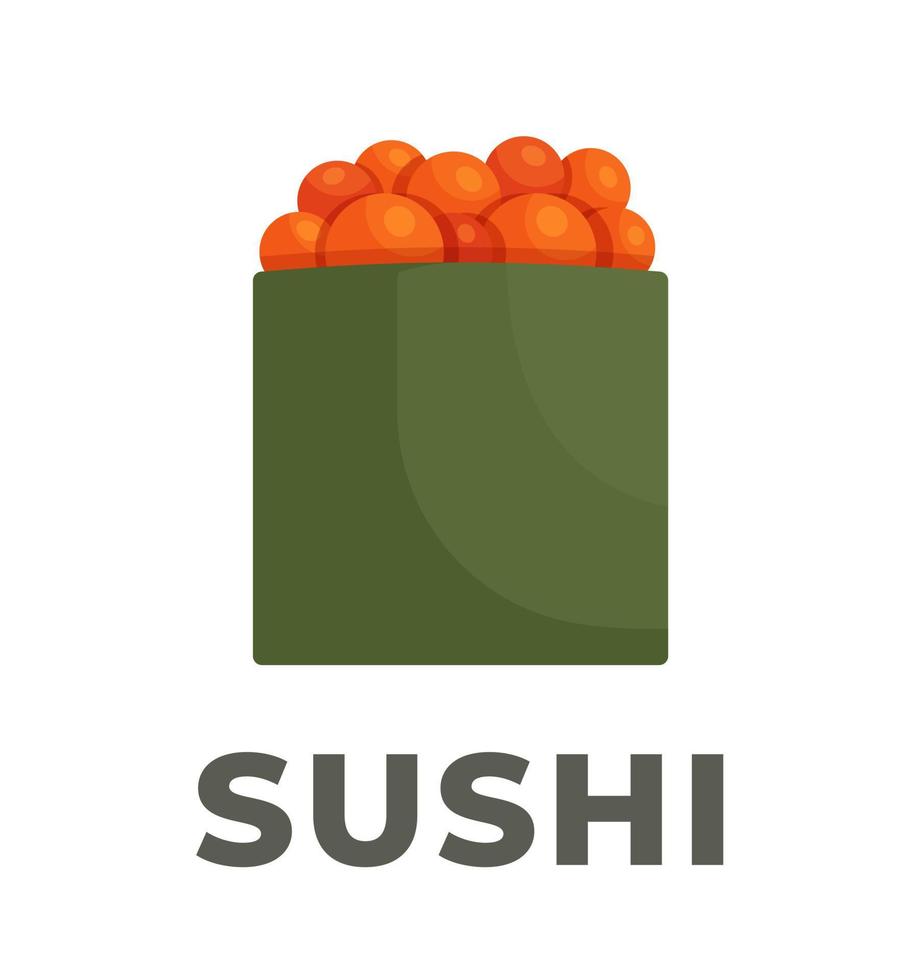 sushi jugoso con caviar rojo. ilustración vectorial de un fondo blanco aislado envuelto en rollo nori. plato tradicional japonés. vector