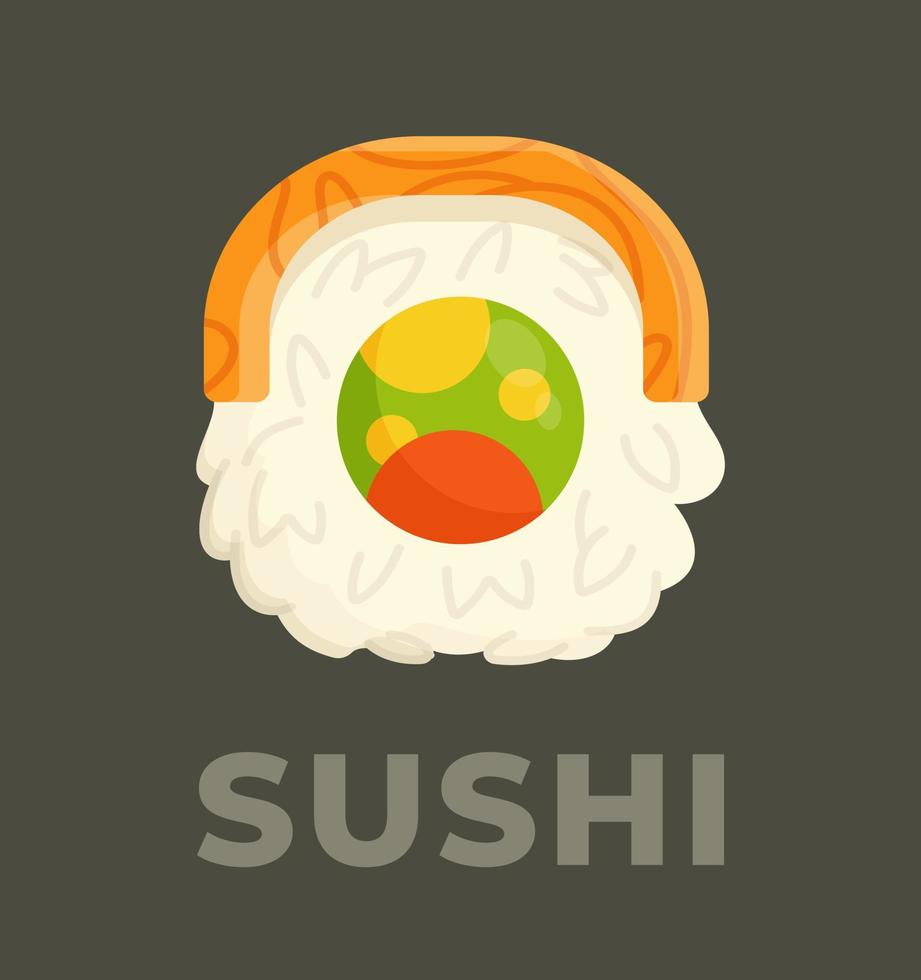 Delicious rolls with red fish. Vector illustration of sushi isolated on dark background. Appetizing Asian dish.