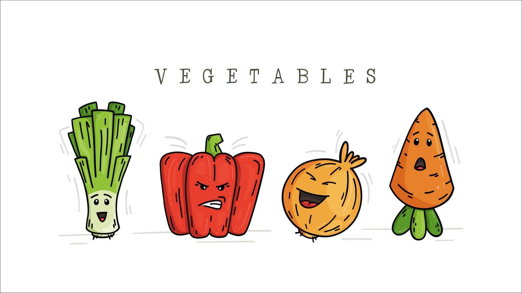 Fresh vegetables with handdrawn faces. Vector illustration of onions