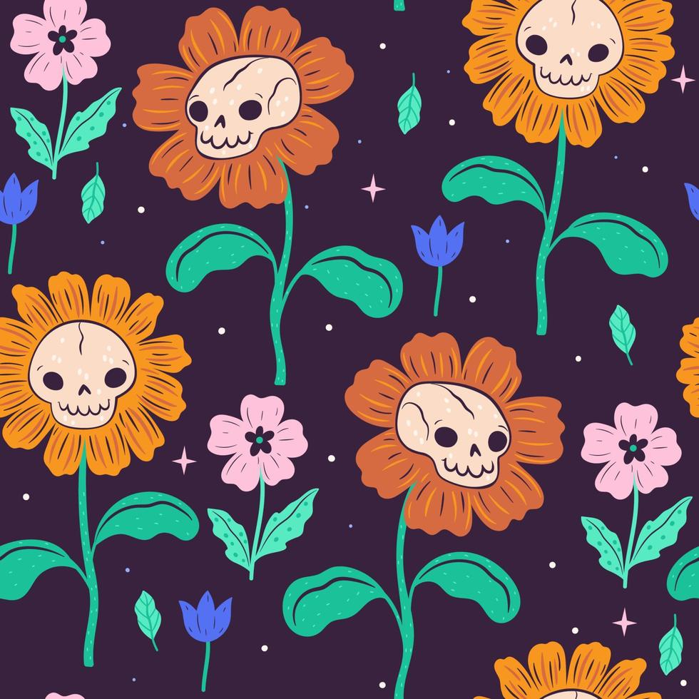 patrón sin costuras con flores y calaveras. gráficos vectoriales vector