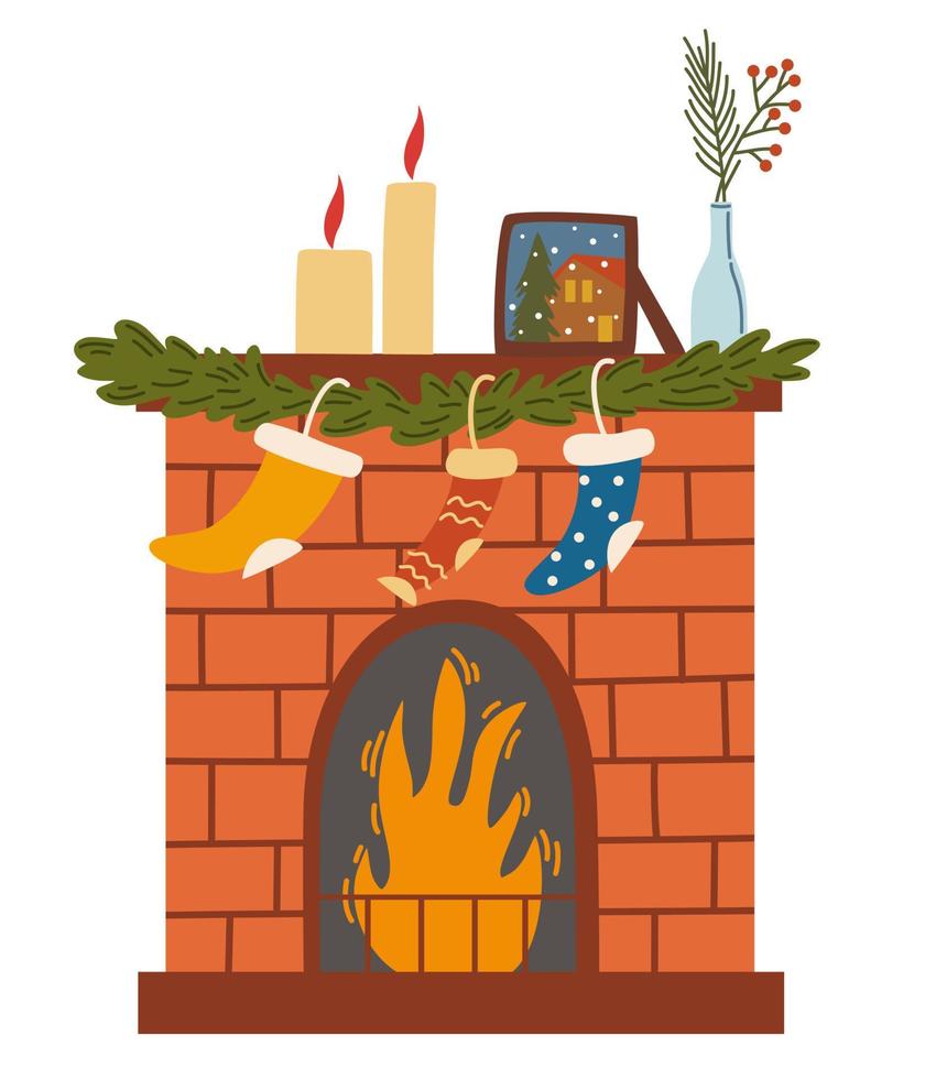 Christmas fireplace. Home fireplaces with socks, stockings, gifts, candles, firs and Xmas decoration. Warm cozy hearths with winter holiday decor. Flat vector illustrations isolated on white