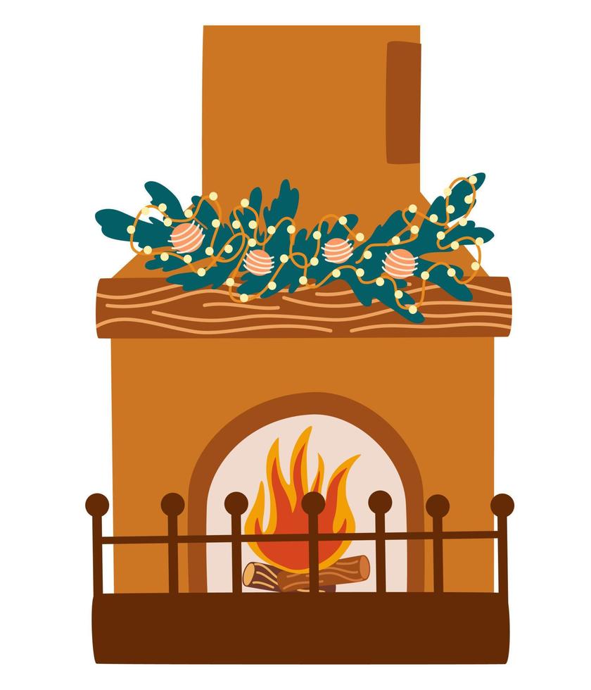 chimenea navideña. chimeneas caseras con calcetines, medias, regalos, velas, abetos y decoración navideña. hogares cálidos y acogedores con decoración de vacaciones de invierno. ilustraciones vectoriales planas aisladas en blanco vector