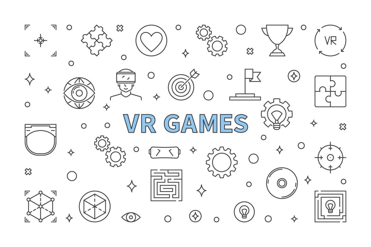 VR Games vector concept horizontal outline illustration