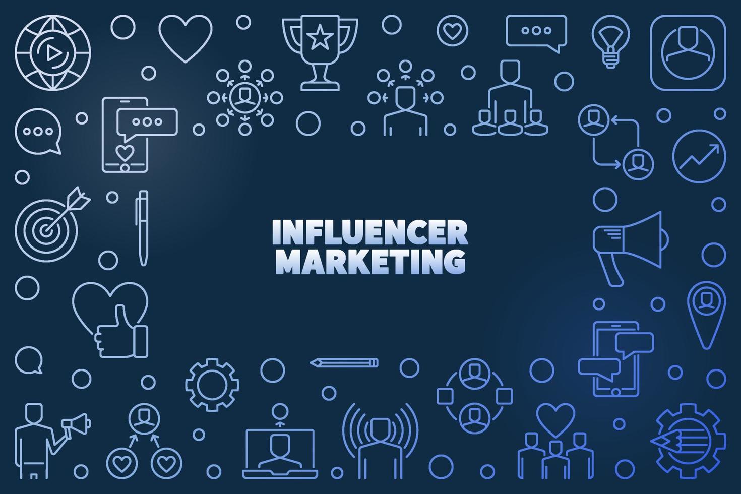 Influencer Marketing vector blue outline illustration or frame