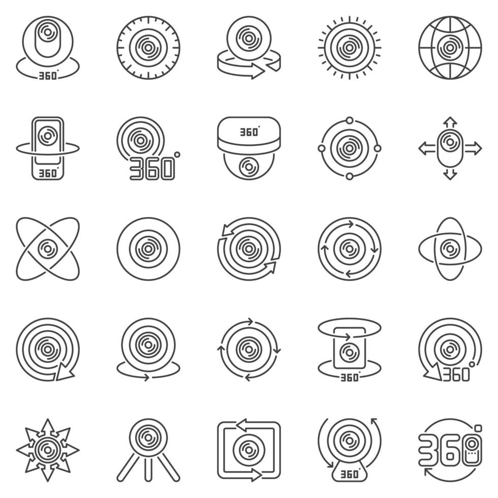 Conjunto de iconos de contorno de cámara de 360 grados. signos de cámara vectorial 360 vector