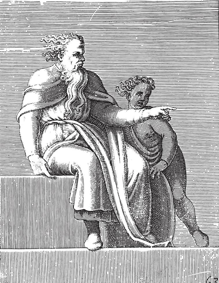 Pointing Old Man with Child, Adamo Scultori, after Michelangelo, 1585, vintage illustration. vector