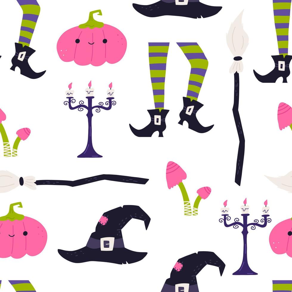 Cute halloween seamless pattern, cartoon flat vector illustration. Funny pumpkin, witch broom and hat, mysterious mushroom and gothic candle holder.