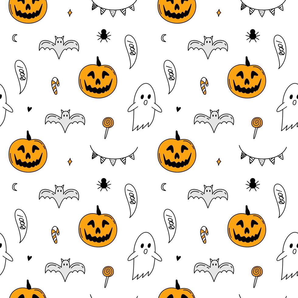 Halloween cartoon pattern doodle. Pumpkin, sweets, ghost, garland. Cartoon elements isolated on white background. Endless, seamless pattern. Hand drawn outline vector illustration.