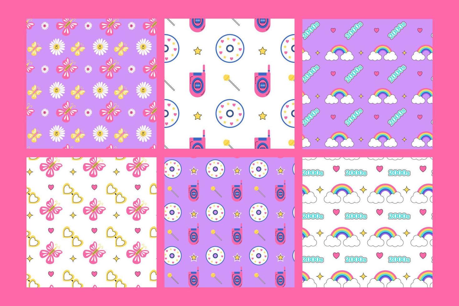 2000s groovy pattern set. Old mobile phone, rainbow, daisy, lollipop, butterfly, compact disc, star on white or colorful background. 2000 retro seamless pattern. Y2k vector illustration in flat style.