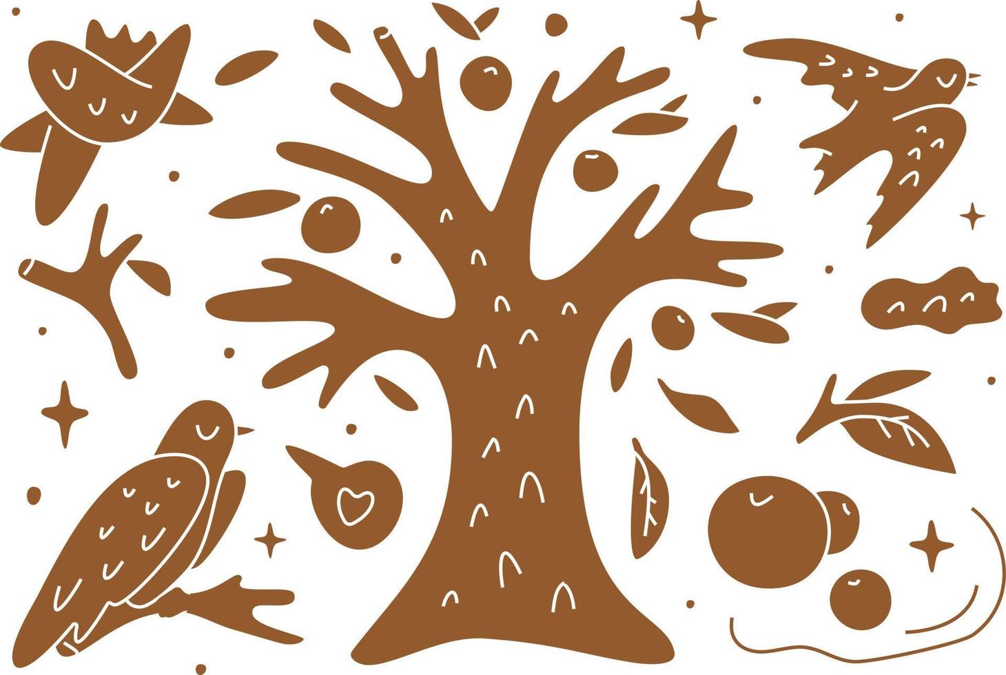 Linocut autumn garden tree with birds set vector