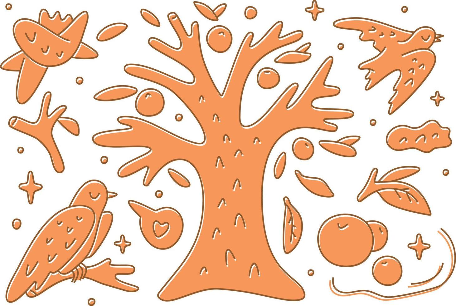 Cozy autumn garden tree with birds set vector