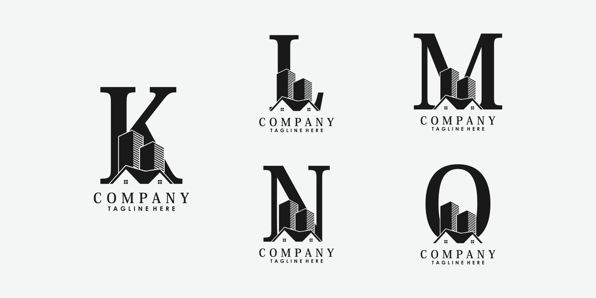 set of letter font klmno logo design vector with real estate and building icon