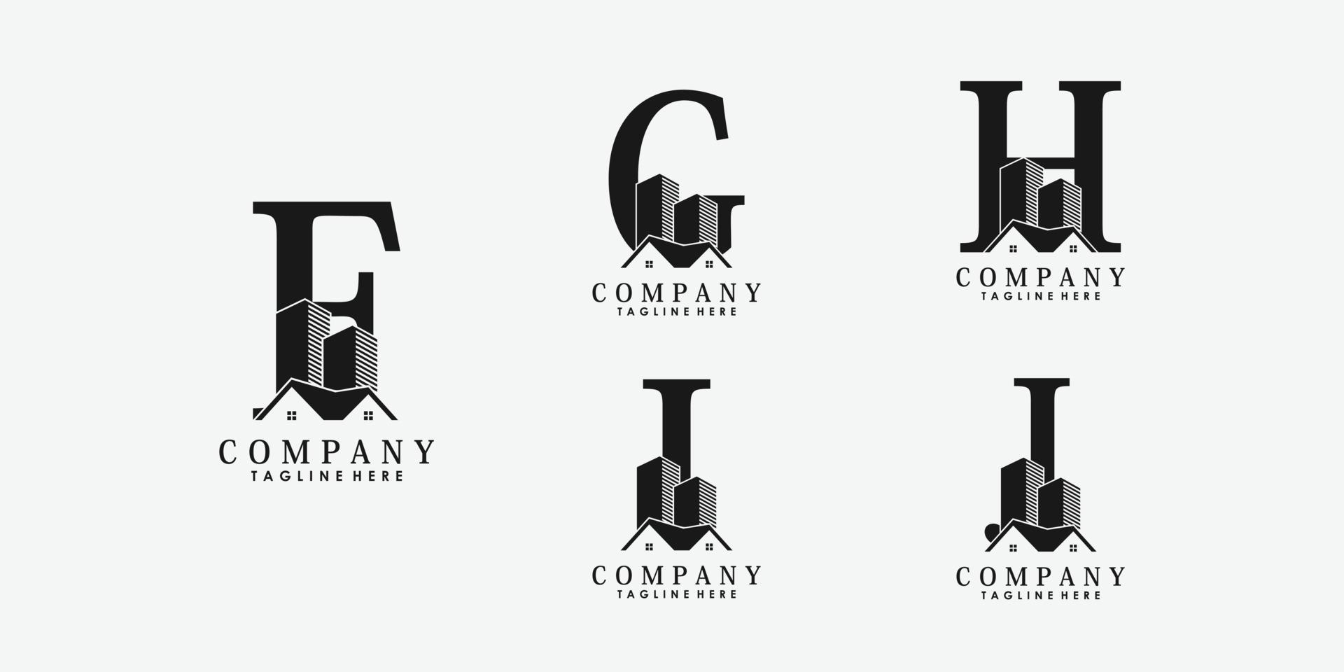 conjunto de vector de diseño de logotipo fghij de fuente de letra con icono de bienes raíces y construcción