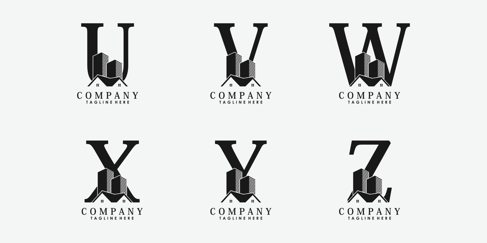 set of letter font uvwxyz logo design vector with real estate and building icon