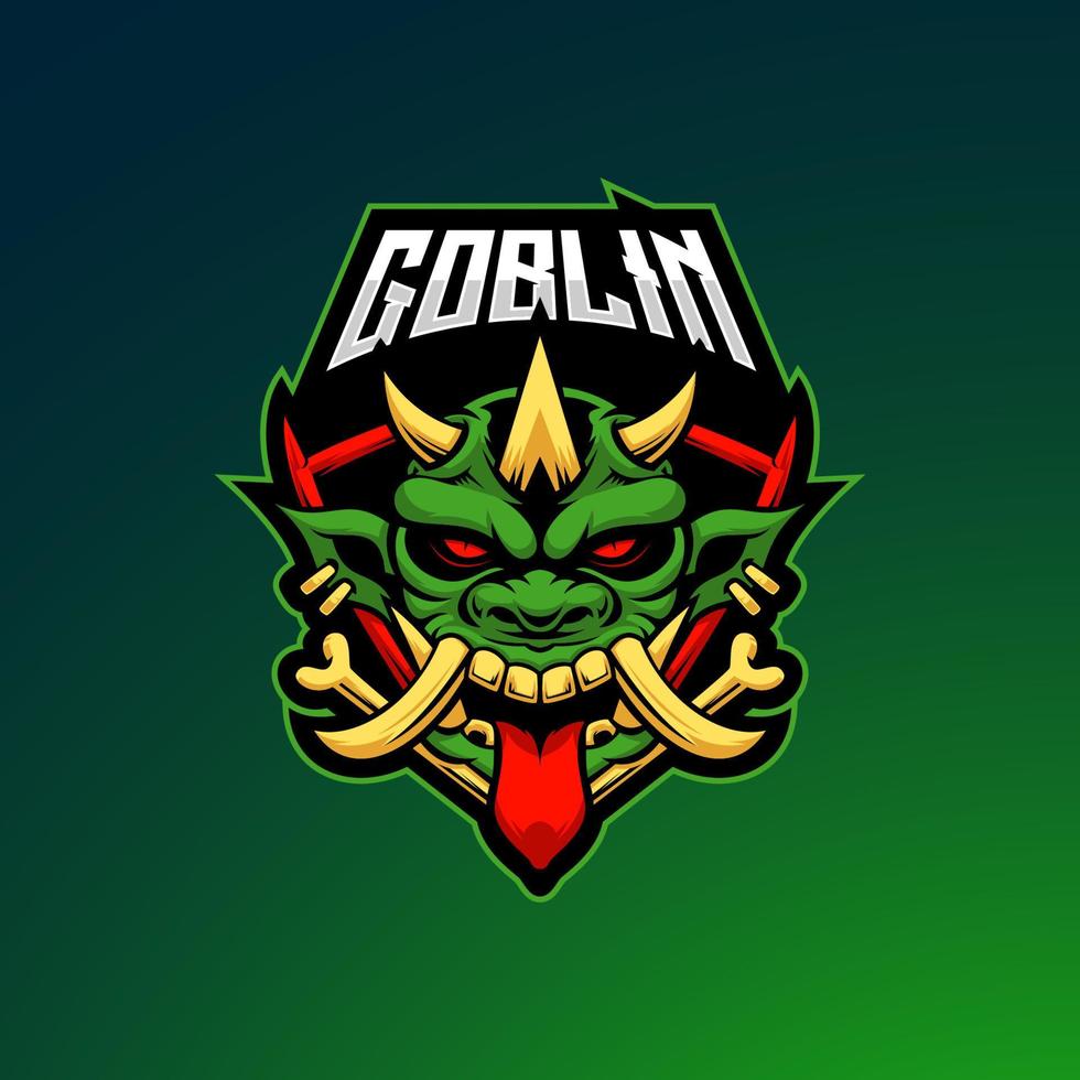 logotipo del emblema de la mascota esport duende con cuernos enojado con nombre de equipo editable. Ilustración de vector de cara de duende de miedo.