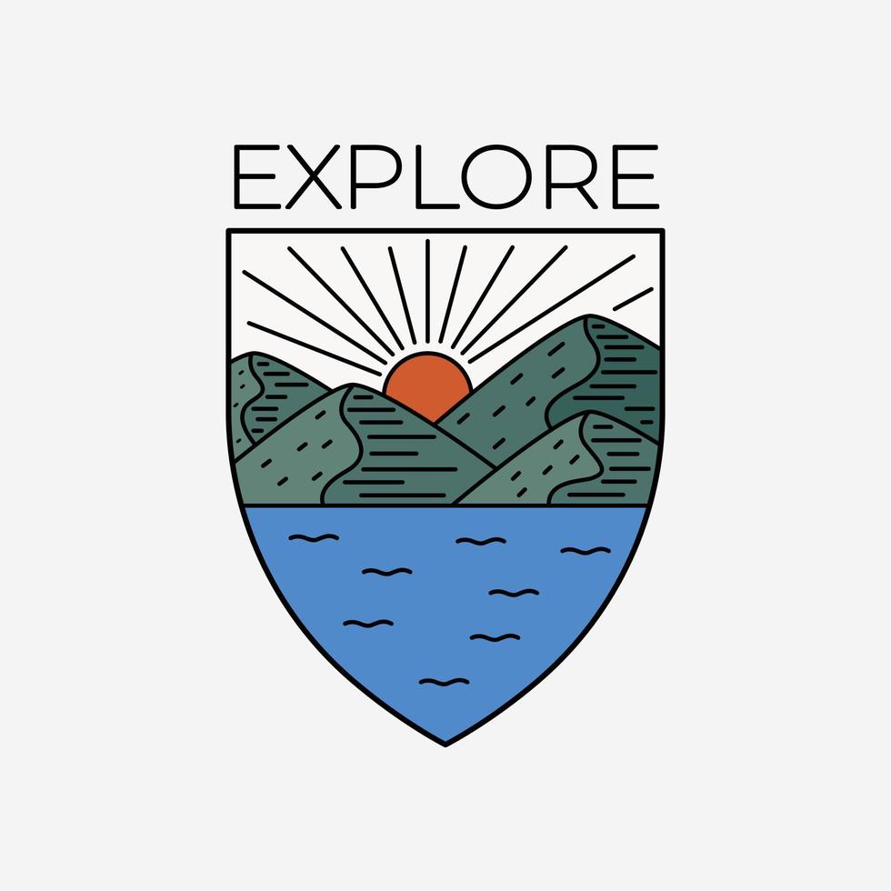 explora las montañas naturales y el diseño del lago para pegatinas, camisetas, insignias, emblemas, etc. vector