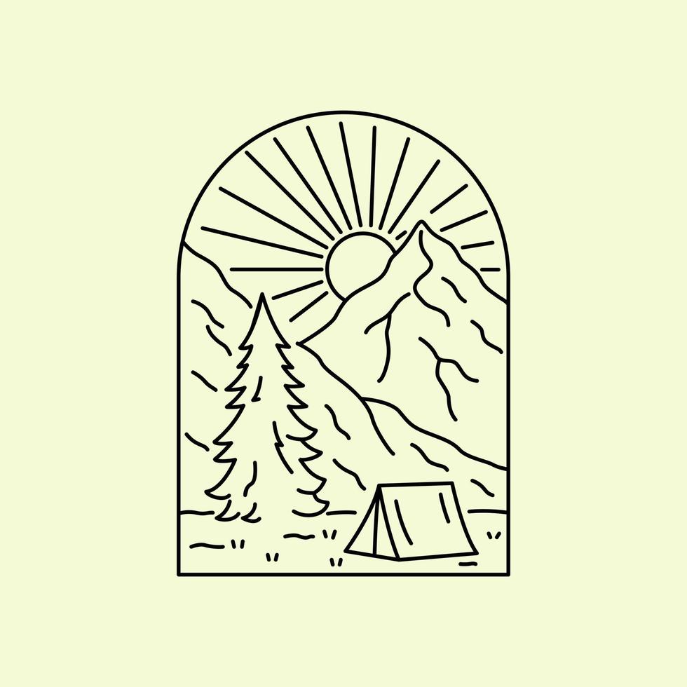 Mono line vector of camping life on nature mountain design for sticker, t-shirt, badge, emblem, etc