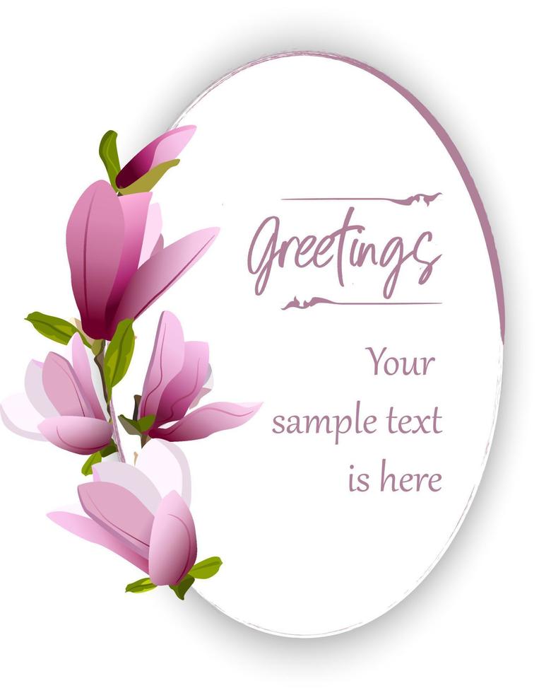 Oval invitation template with purple blooming magnolia, isolated on white background vector