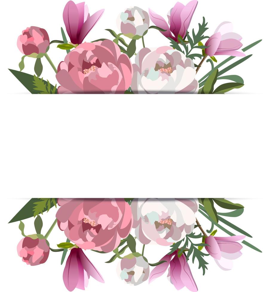 Pink wedding horizontal botanical vector design banner. Magnolias, peony flowers with leaves and stems.