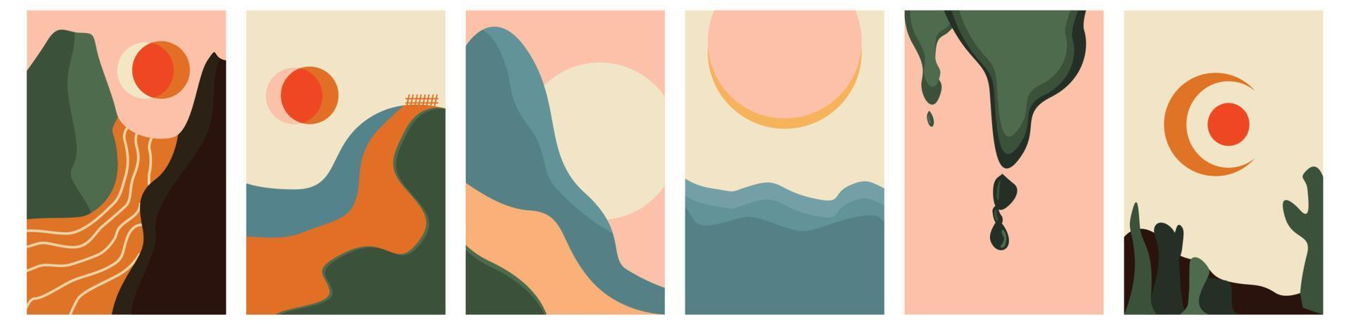 Mountain view, river. Hills, clouds, sun, moon. Paper cut style. Flat abstract design. Set of six hand drawn trendy Vector illustrations. Cool Background