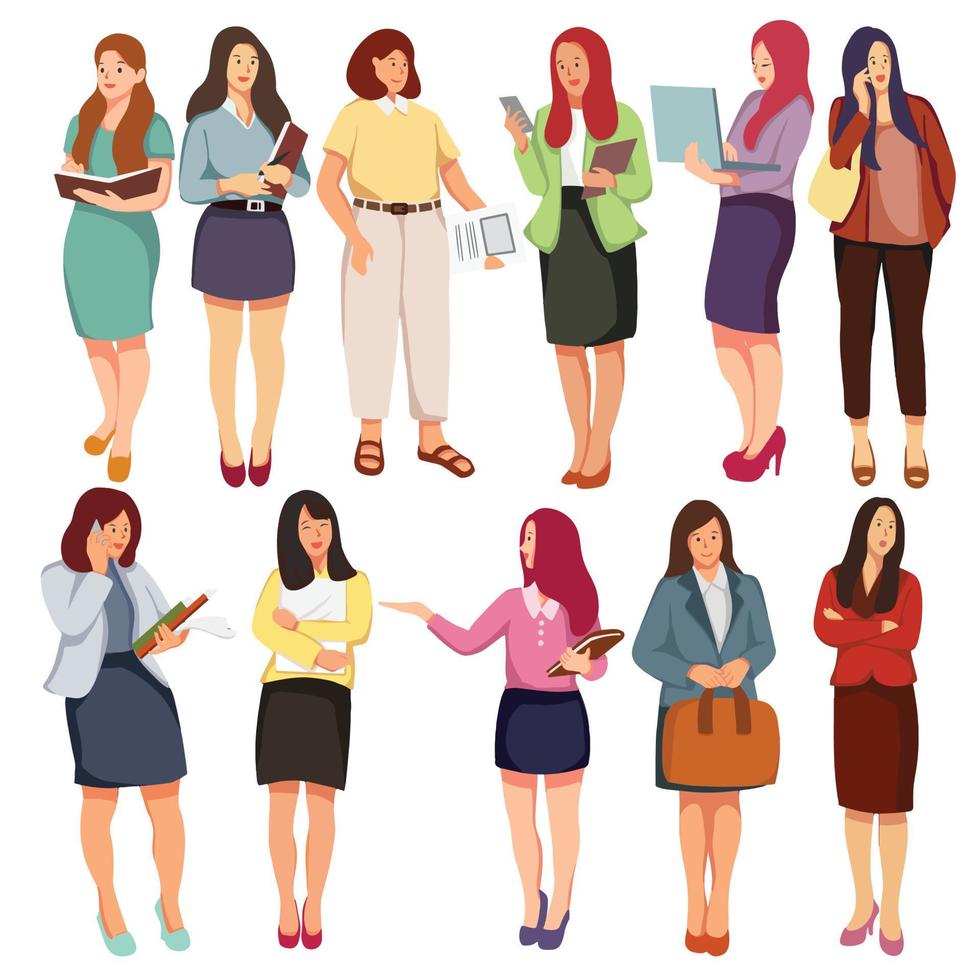 Modern business women set. Diverse businesswomen stand with mobile phones, laptop computers, notebooks, planners. Female office workers. Flat graphic vector illustrations isolated on white background