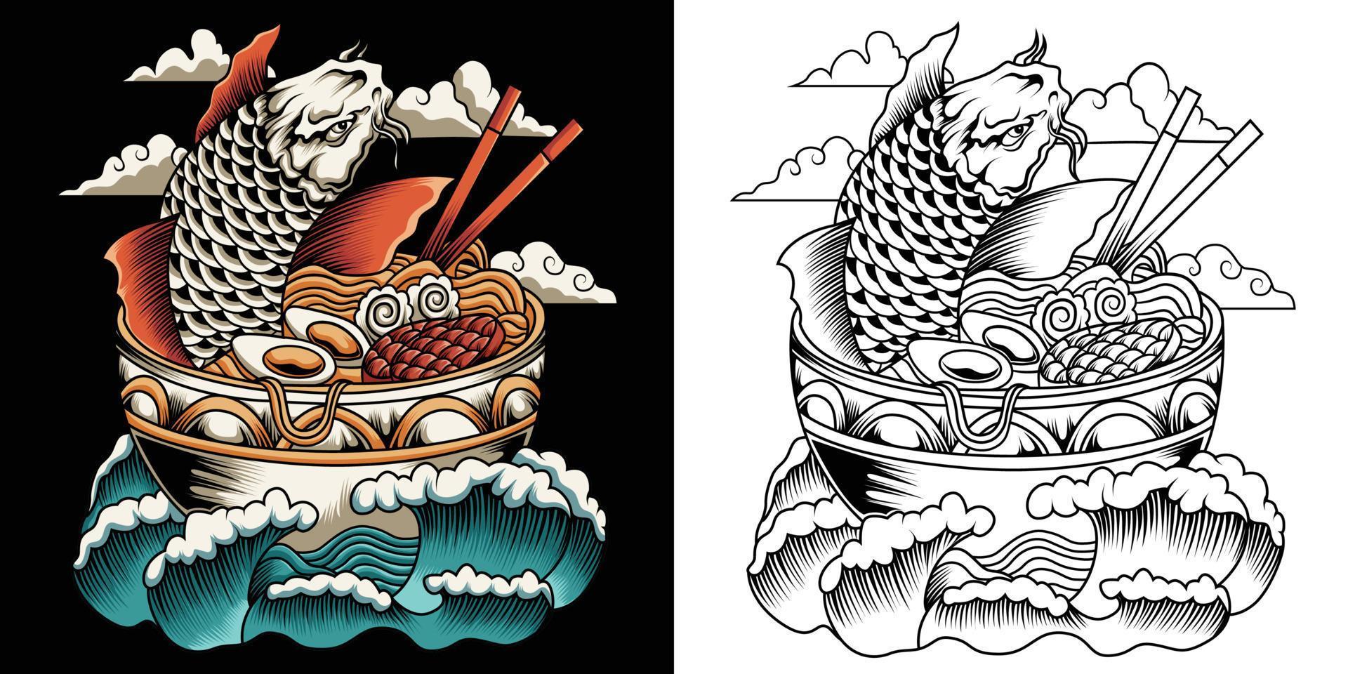 koi fish ramen vector illustration