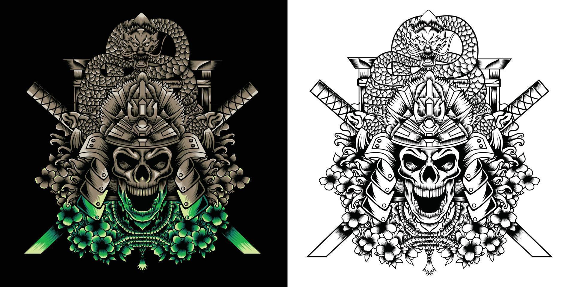 cráneo samurai con ilustración de dragón japonés y katana vector