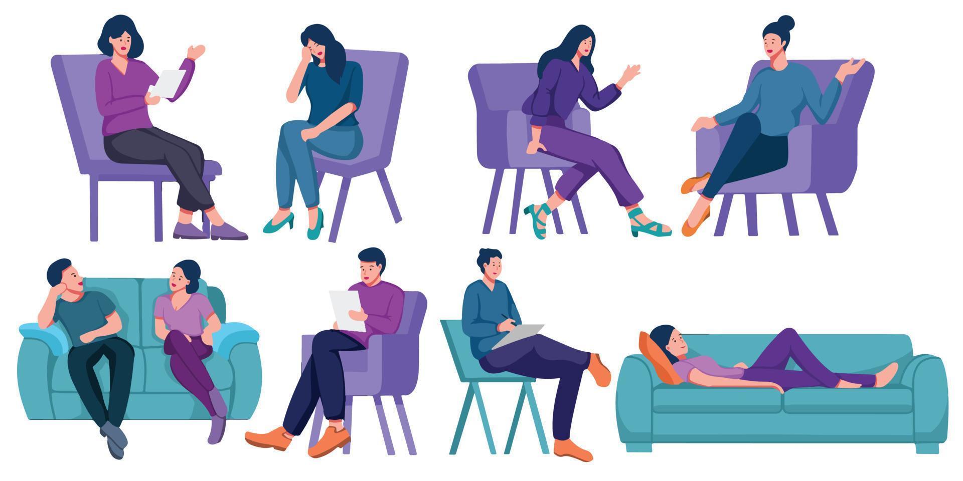 Collection of men and women or married couples sitting on chairs or lying on sofa and talking to psychotherapist or psychologist. Group or family psychotherapy. Flat cartoon vector illustration